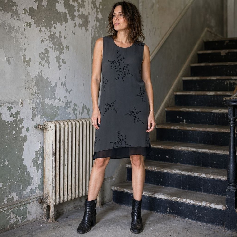 Tessuto Sheath Dress Womens 8 Grey Black Burnout Floral Vintage Whimsigoth Y2K